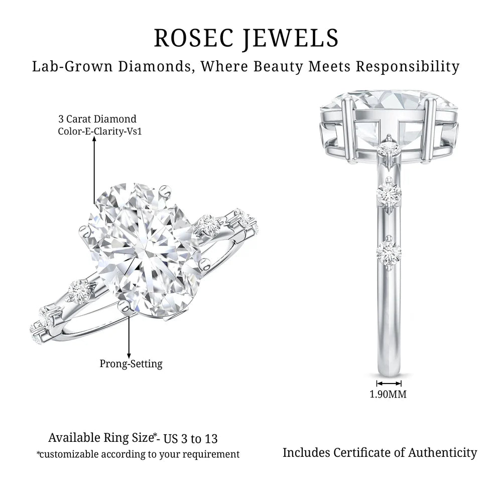 3 Carat Oval Lab Grown Diamond Solitaire Engagement Ring with IGI Certificate