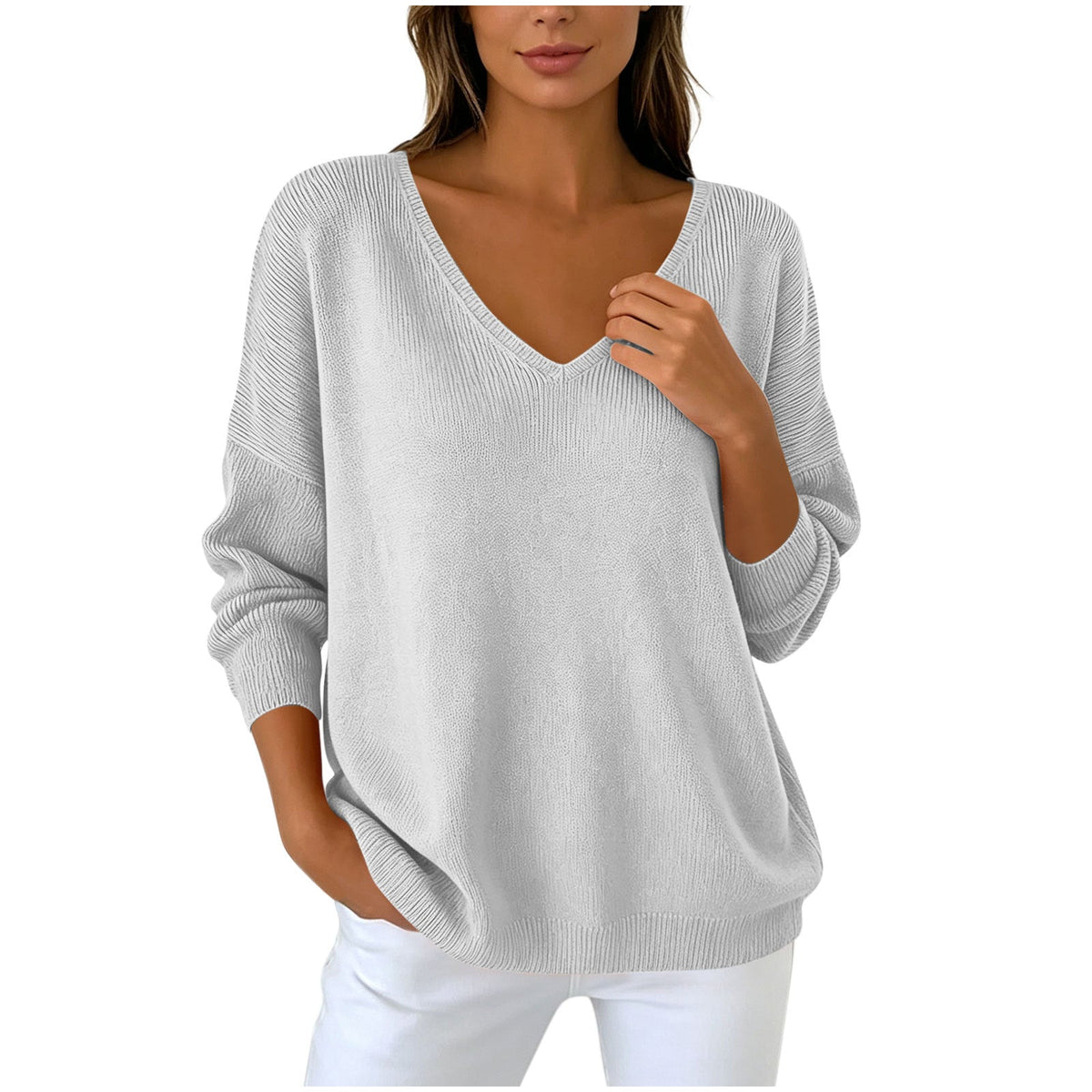 Autumn Winter Women's V-neck Long Sleeved Knitted Sweater Large Loose Shoulder Solid Color Top For Women
