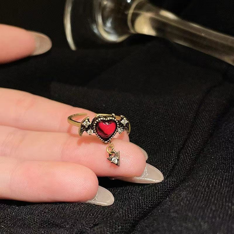 Gothic Devil Heart Ring, Vintage Gold Bat Wing Red Gemstone Open Band, Dark Romantic Statement Ring For Women
