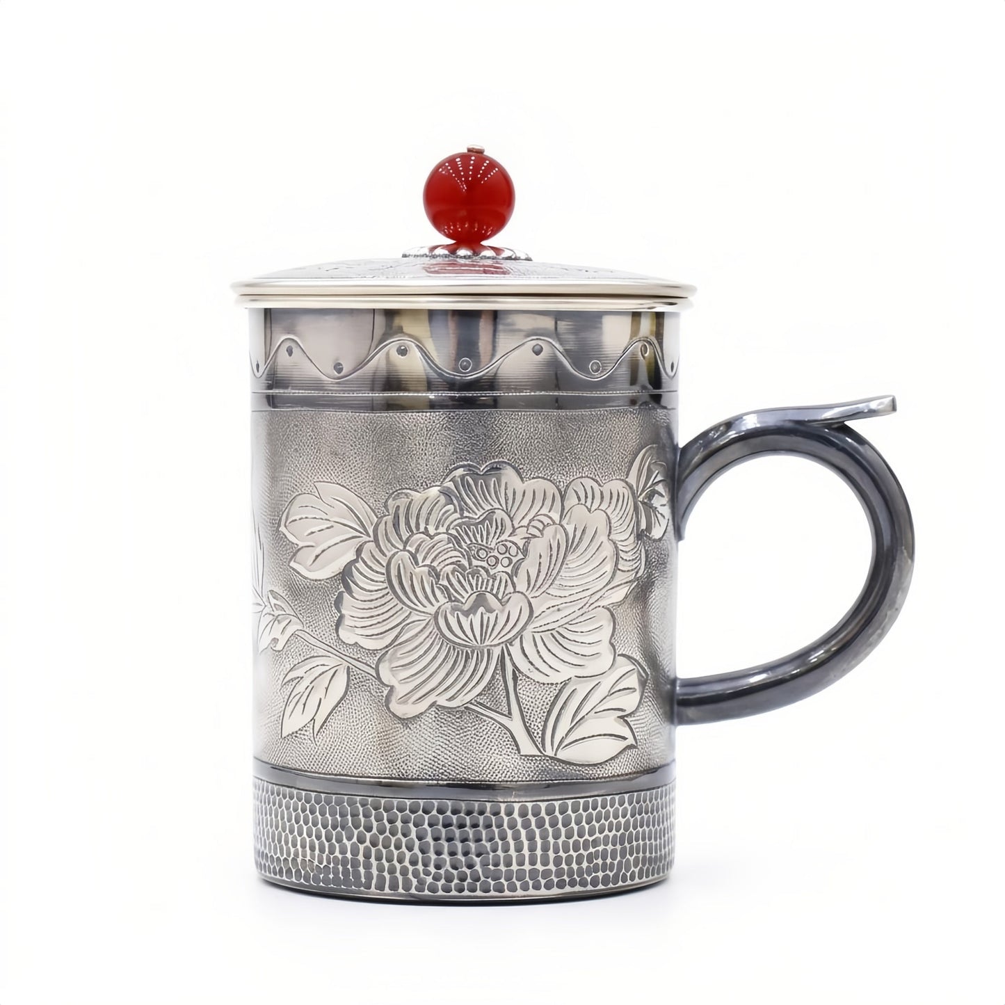 Pure 999 Fine Silver Elegant Silver Peony Engraved Mug with Red Bead Lid and Hammered Base - Handicraft