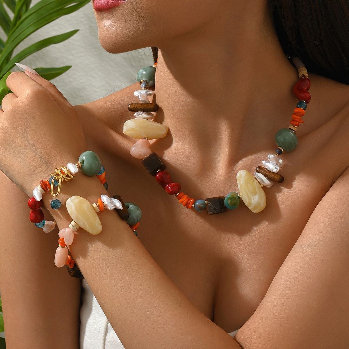 Colorful Resin Bead Necklace and Bracelet Set Collection