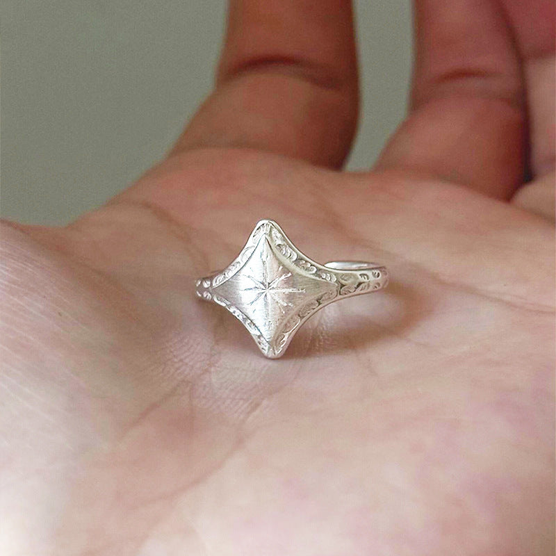 Vintage Cold Style Silver Brushed Star Ring, Retro Fashion All-Match Personalized Heavy Carved Gold Index Finger Ring