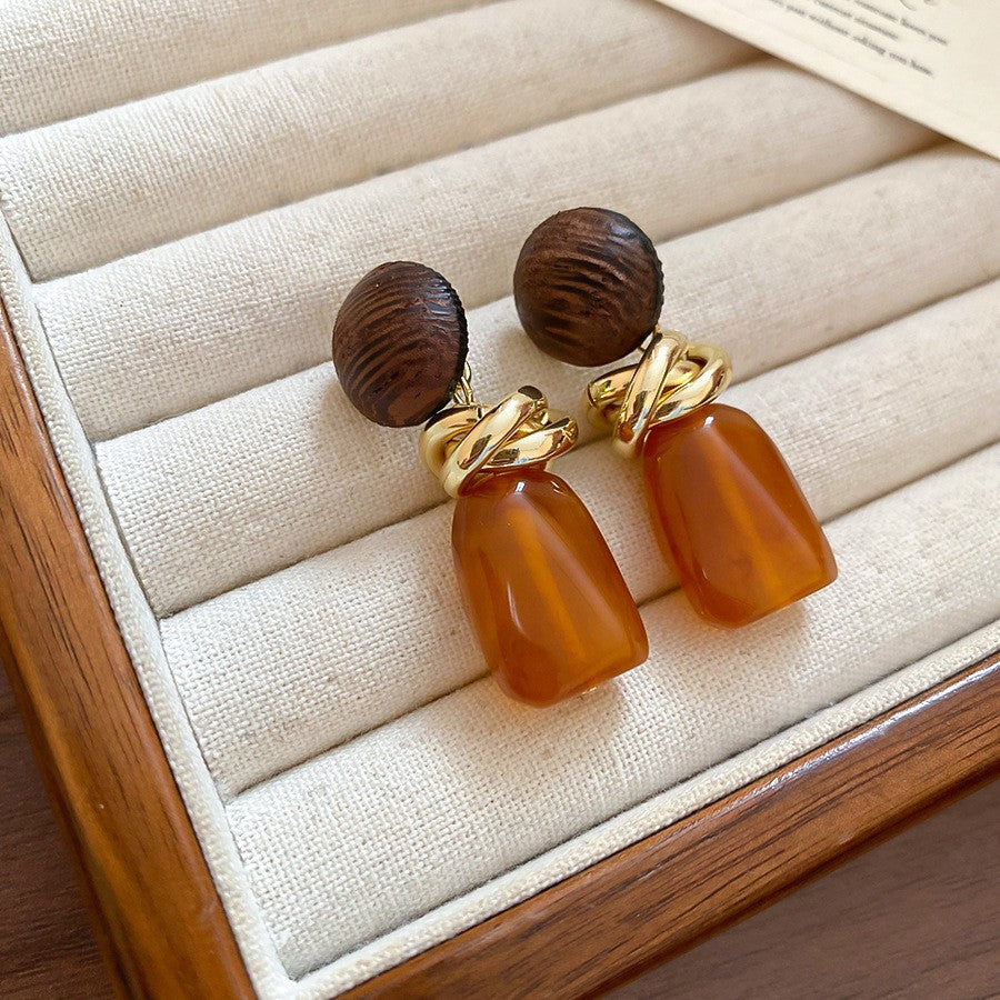 Vintage Maillard Style Wood & Resin Drop Earrings For Women, Gold Tone Twisted Knot Amber Resin Dangle Earrings, Retro Luxury Fashion Jewelry
