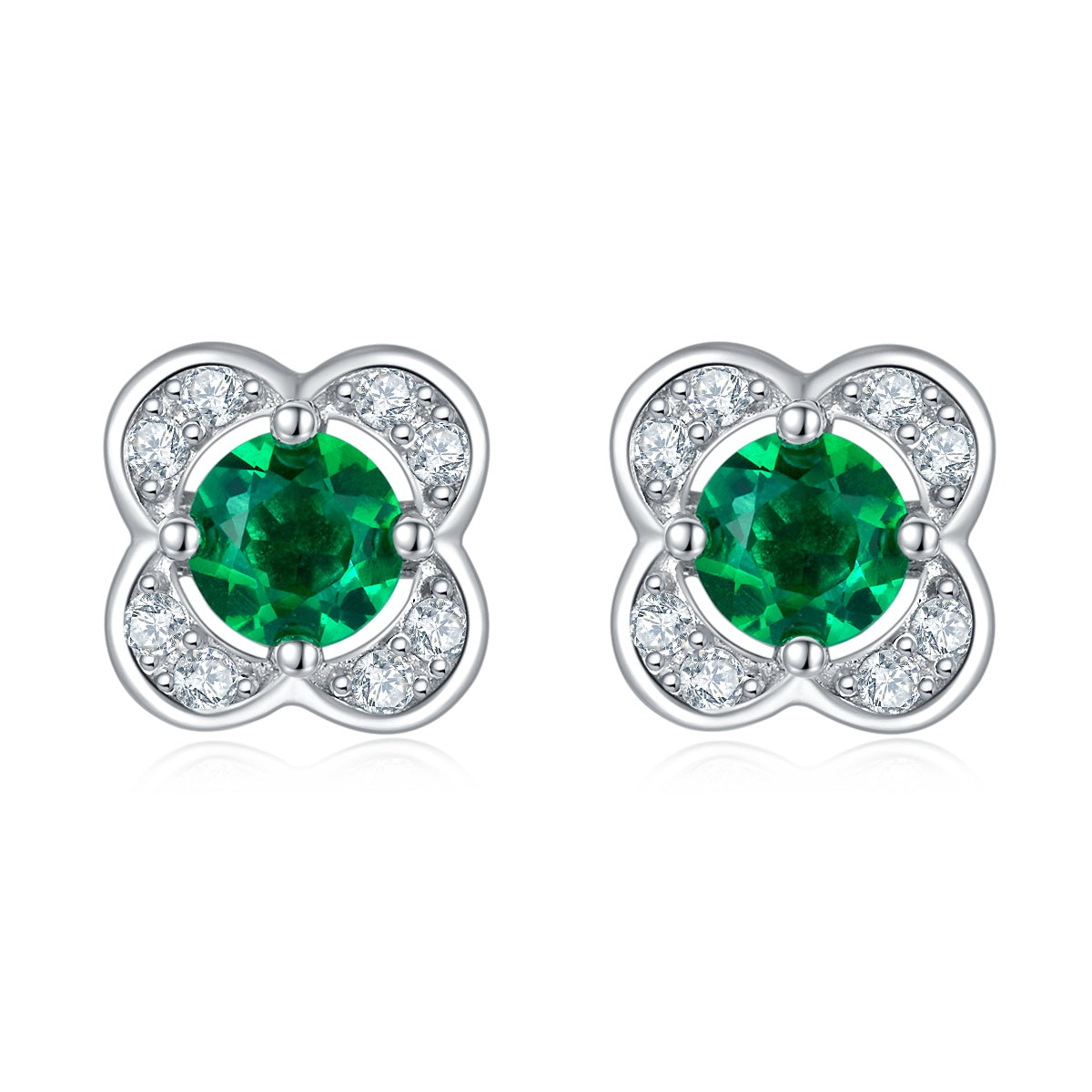 S925 Silver 1.5g 0.45ct Lab-Created Emerald Clover Earrings, 4mm Studs, Pair