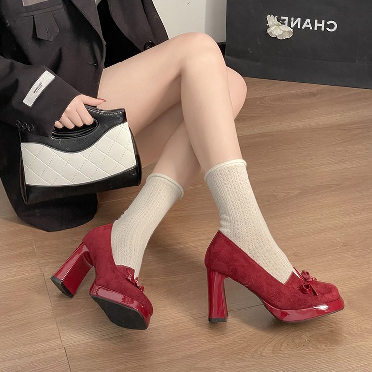 Women Suede Square Toe Platform Pumps Patent Cap Toe Bow Ornament Chunky Block Heel Slip On High Heels Sweet Retro Lolita Style Closed Toe Dress Shoes For Dating Party