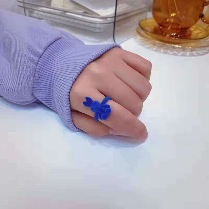 Cute Blue Flocked Bear Open Ring, Sweet INS Style All-match Adjustable Finger Ring
