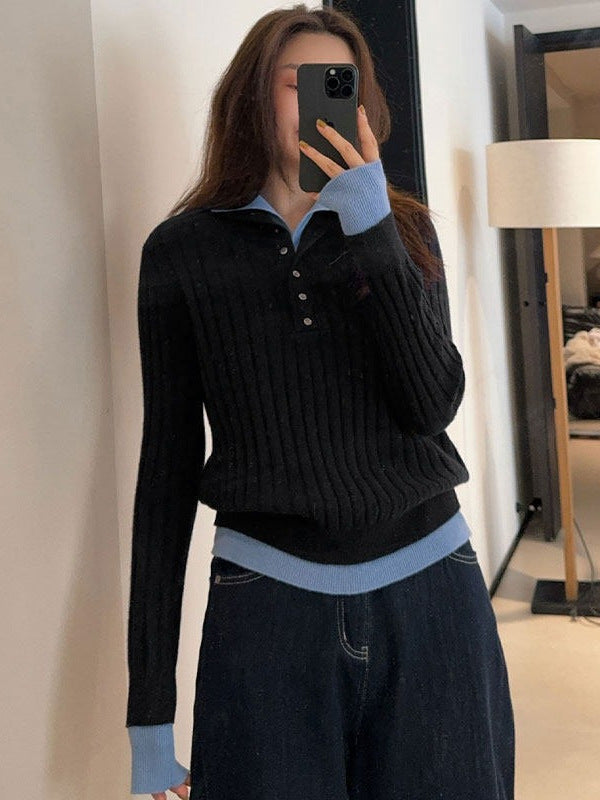 New Autumn Winter Women  Mock-Two-Piece Knit Sweater,Sophisticated Color-Blocked Turtleneck Style Long-Sleeve Pullover Wearable As Inner Layer Or Outerwear