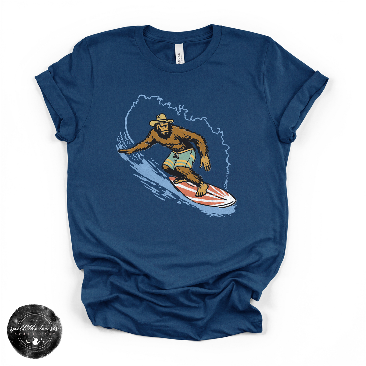 Surfing Bigfoot Tee | Funny Beach Sasquatch Graphic T-Shirt
