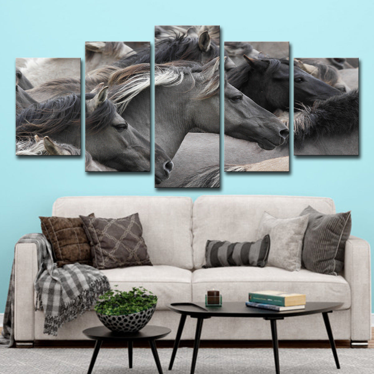 5-piece Grey And Black Horse Group Wall Art For Living Room And Bedroom Home Decor