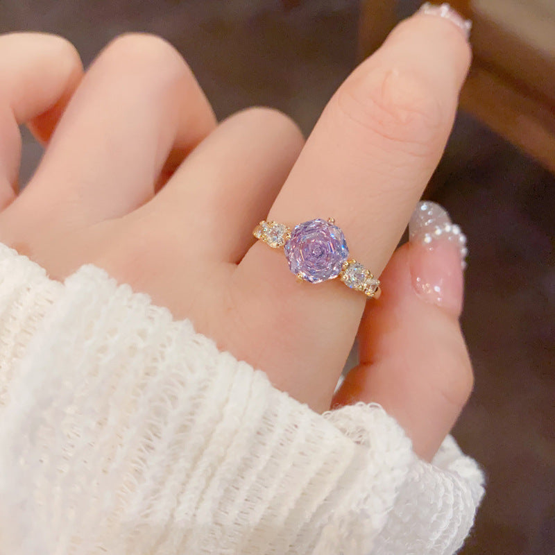 Fashionable All-Match Rose Ice-Flower Cut Cubic Zirconia Open Ring