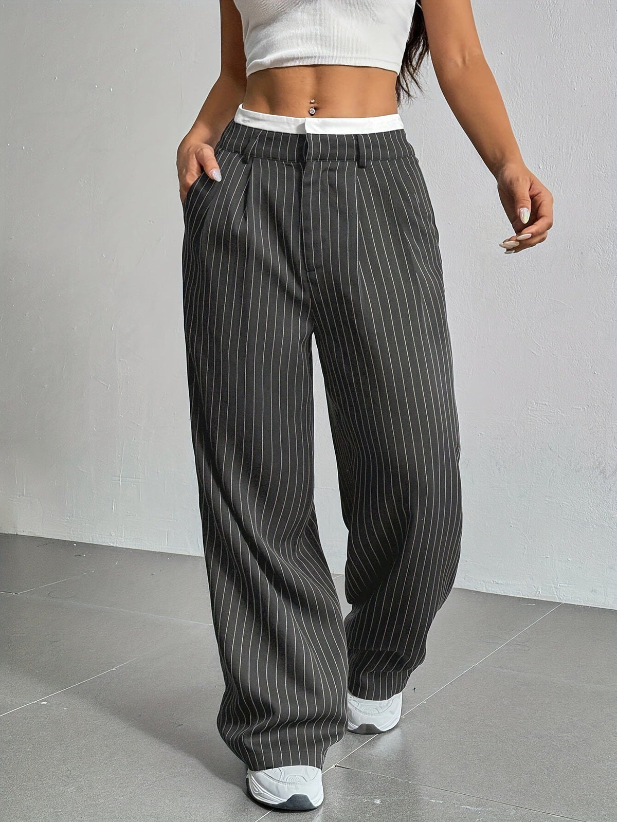 2025 European And American Export New High-Waist Draped Stripesd Suit Pants For Women Work Clothing Versatile Straight Fashion Casual Pants