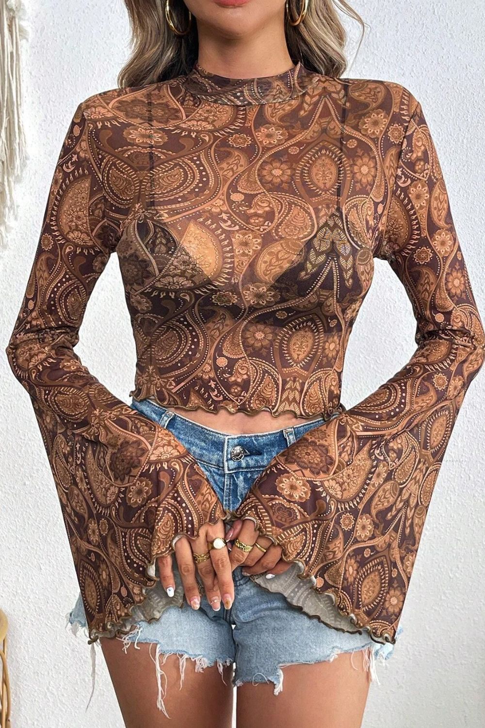 Printed Mock Neck Flare Sleeve Top