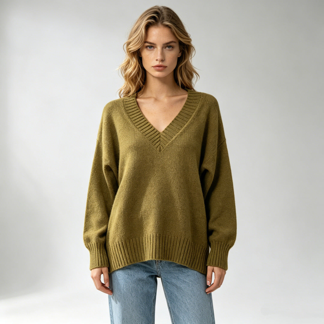 Women's Loose-fit V-neck Casual All-match Knit Sweater