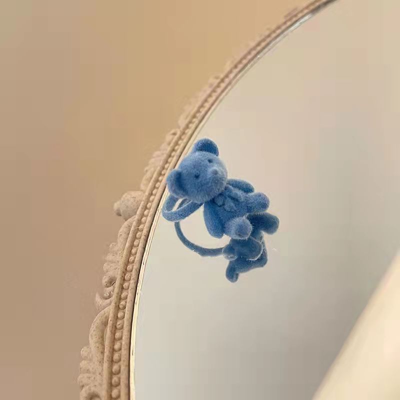 Cute Blue Flocked Bear Open Ring, Sweet INS Style All-match Adjustable Finger Ring
