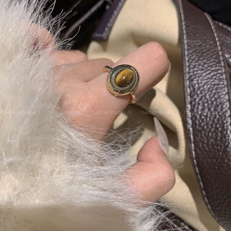 Vintage Tiger Eye Open Ring For Women, Maillard Retro Niche Design High-End Index Finger Ring
