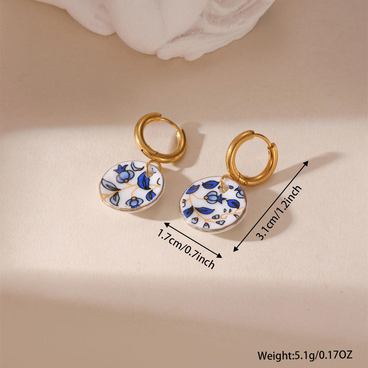 New Chinese Blue And White Porcelain Earrings, 18K Gold Plated Stainless Steel Ceramic Dainty Drop Earrings For Women