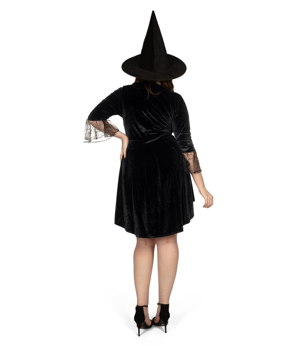Women's Classic Witch Costume - Black Velour Bodysuit with Hat and Lace Sleeves