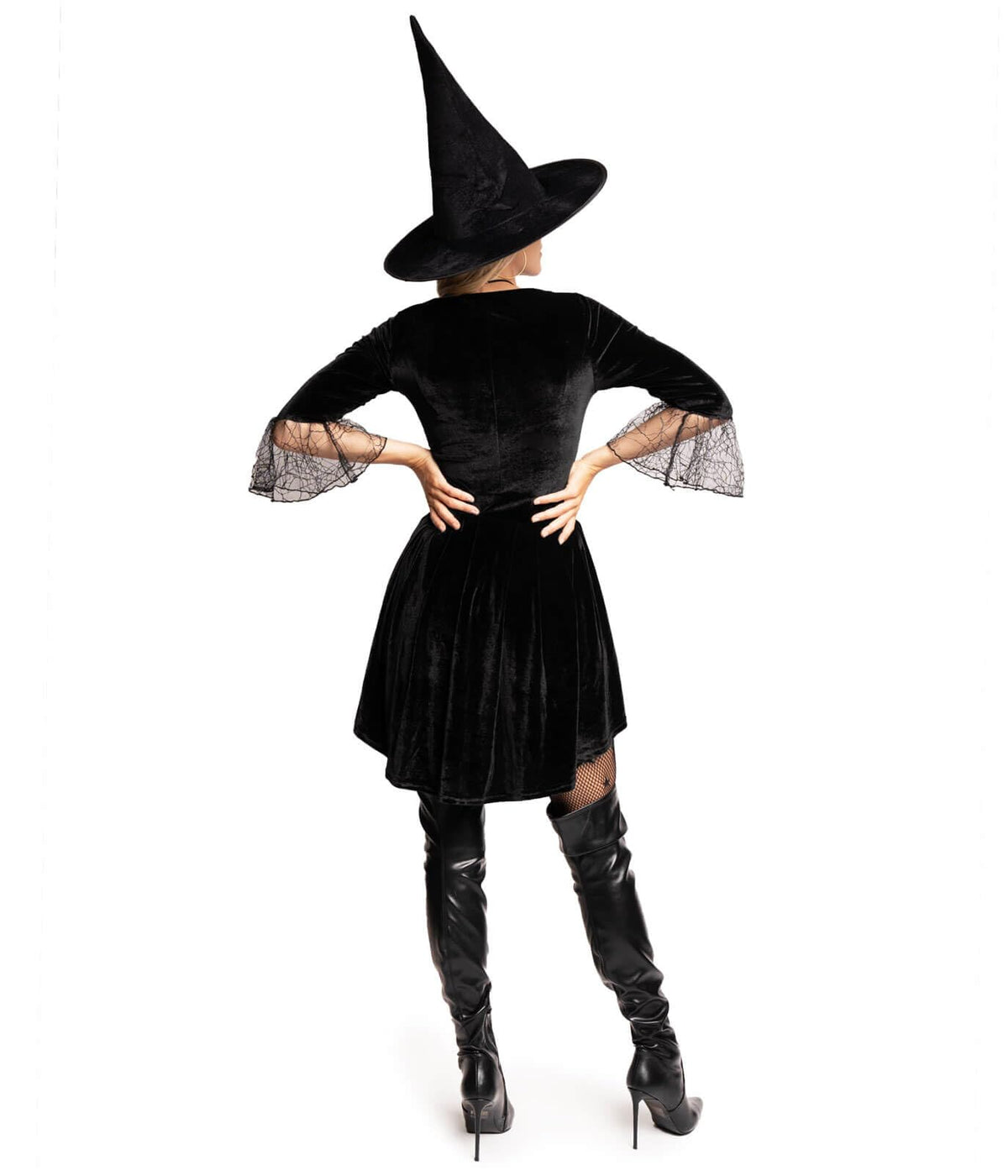 Women's Classic Witch Costume - Black Velour Bodysuit with Hat and Lace Sleeves