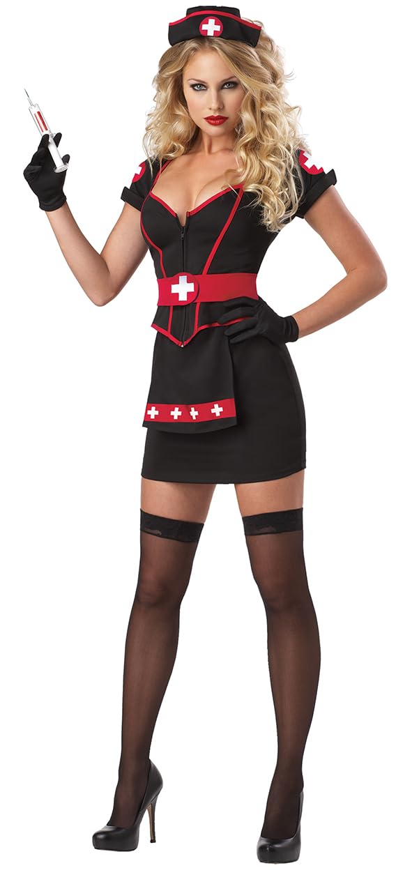 Women's Cardiac Arrest Nurse Costume - Black Minidress with Red Cross Details