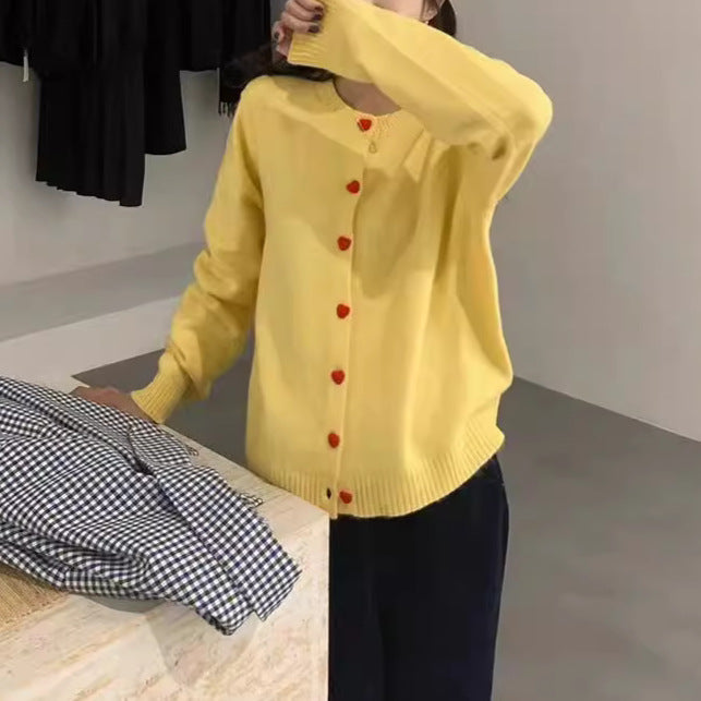 College Style Retro High-end Knitted Cardigan Women's Autumn New Niche Design Love Button Sweater Jacket