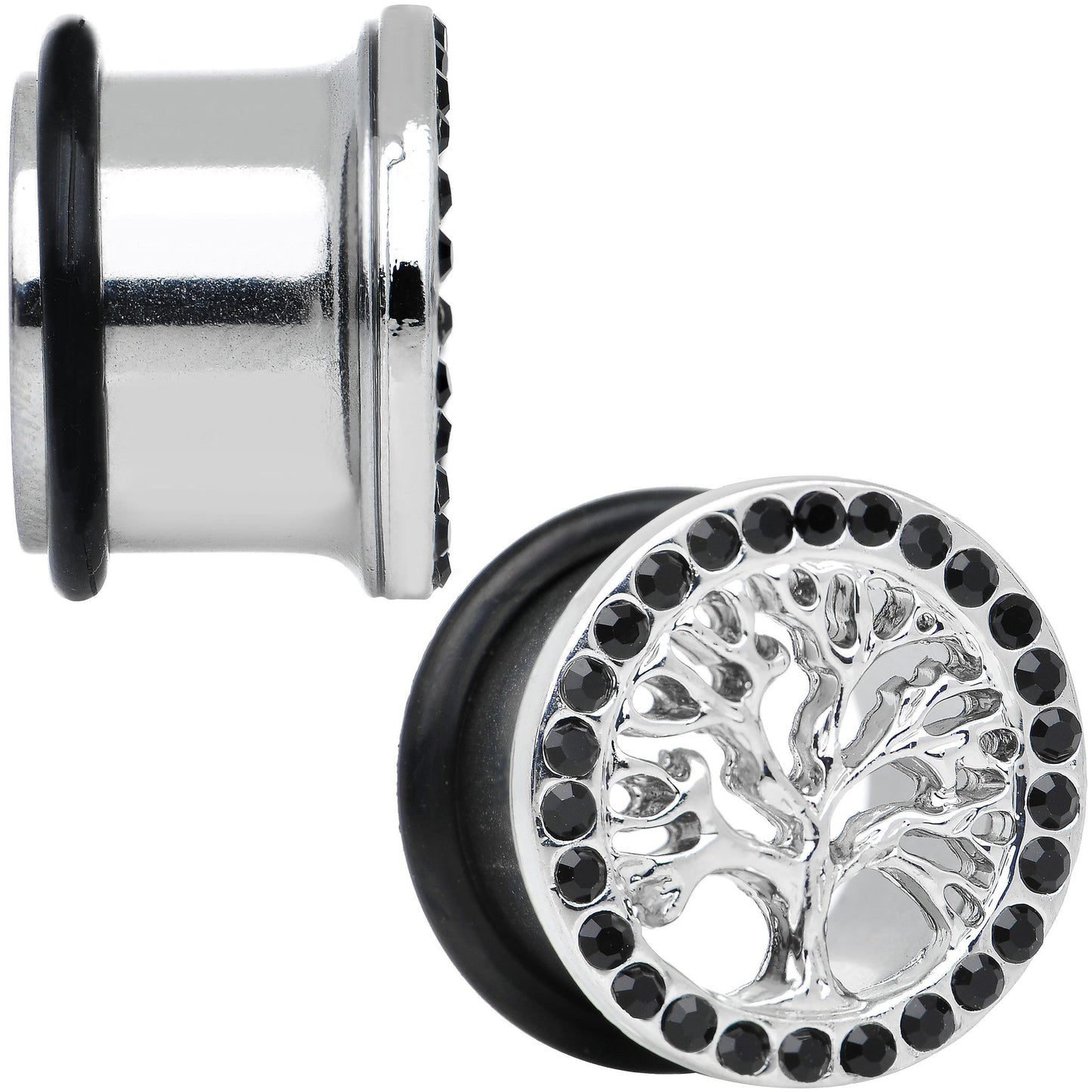 9/16 Black Gem Stainless Steel Single Flare Tree of Life Plug Set