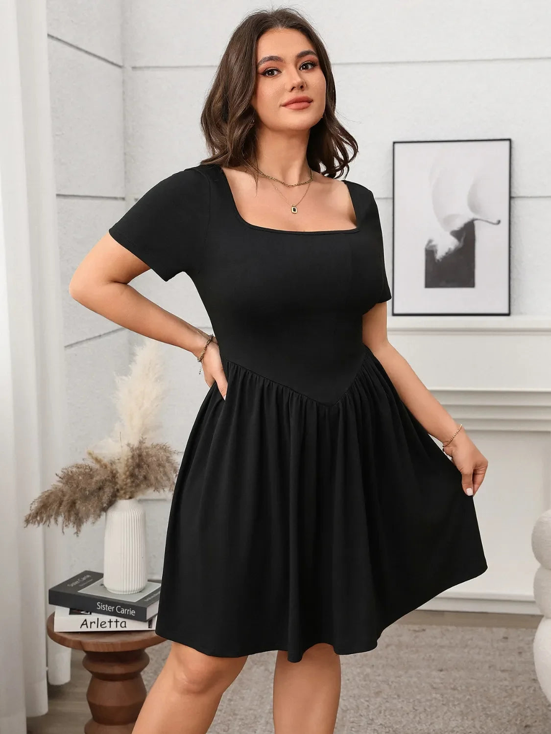 Square Neck Short Sleeve Mini Dress