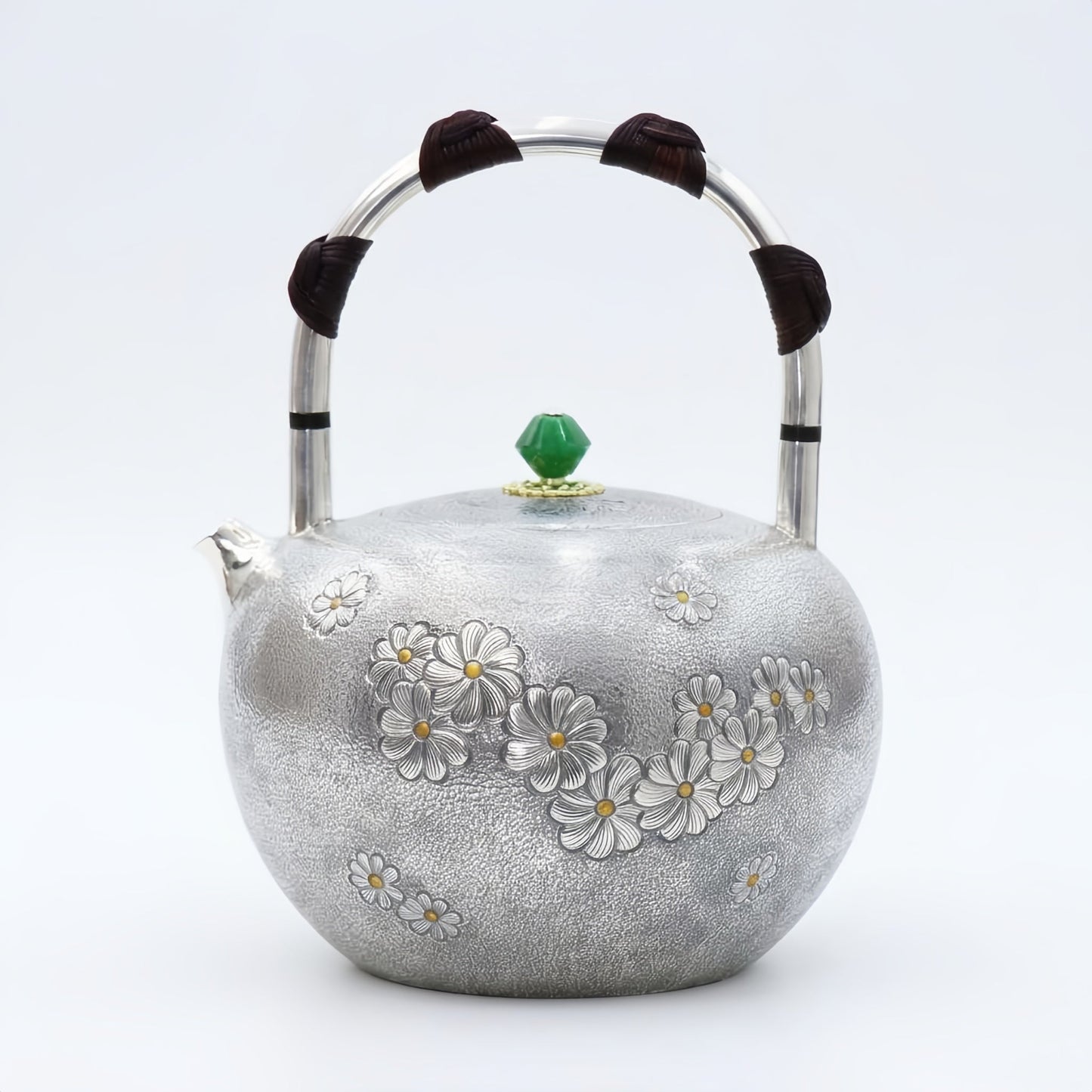 Pure 999 Fine Silver Handcrafted Sterling Silver Teapot with Floral Reliefs and Green Gemstone Knob - Handicraft