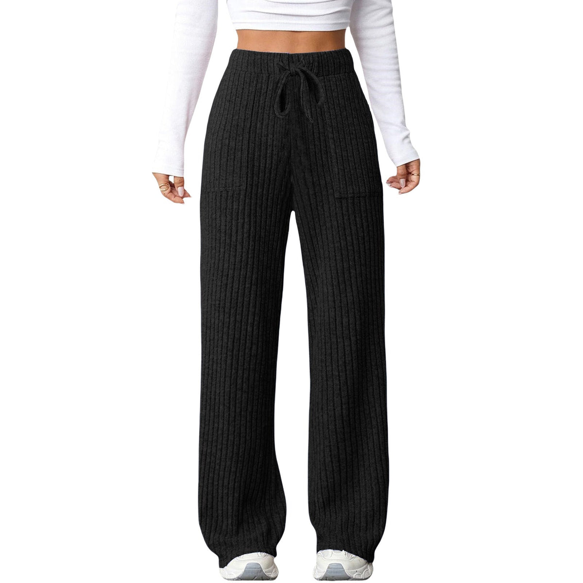 Women's Solid-Color Ribbed Pocket Casual Pants