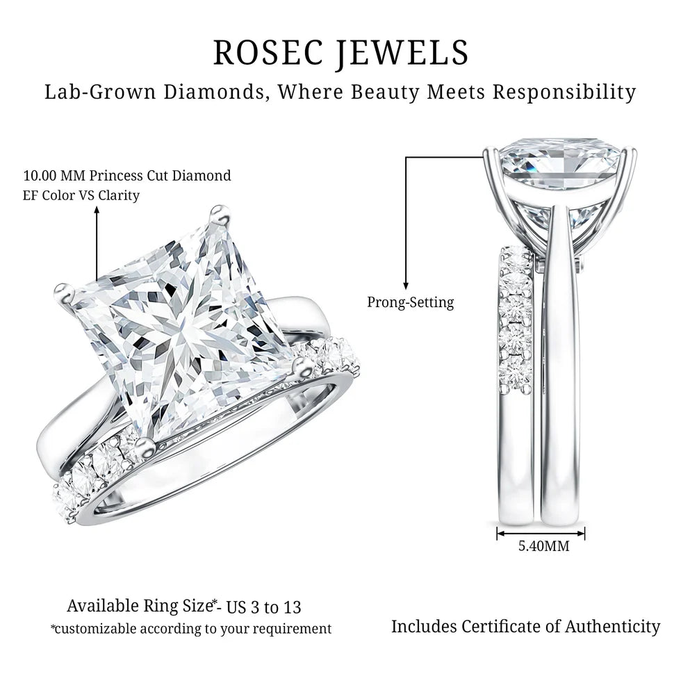 5 Carat Huge Lab Grown Diamond Princess Cut Engagement Ring Set with IGI Certificate