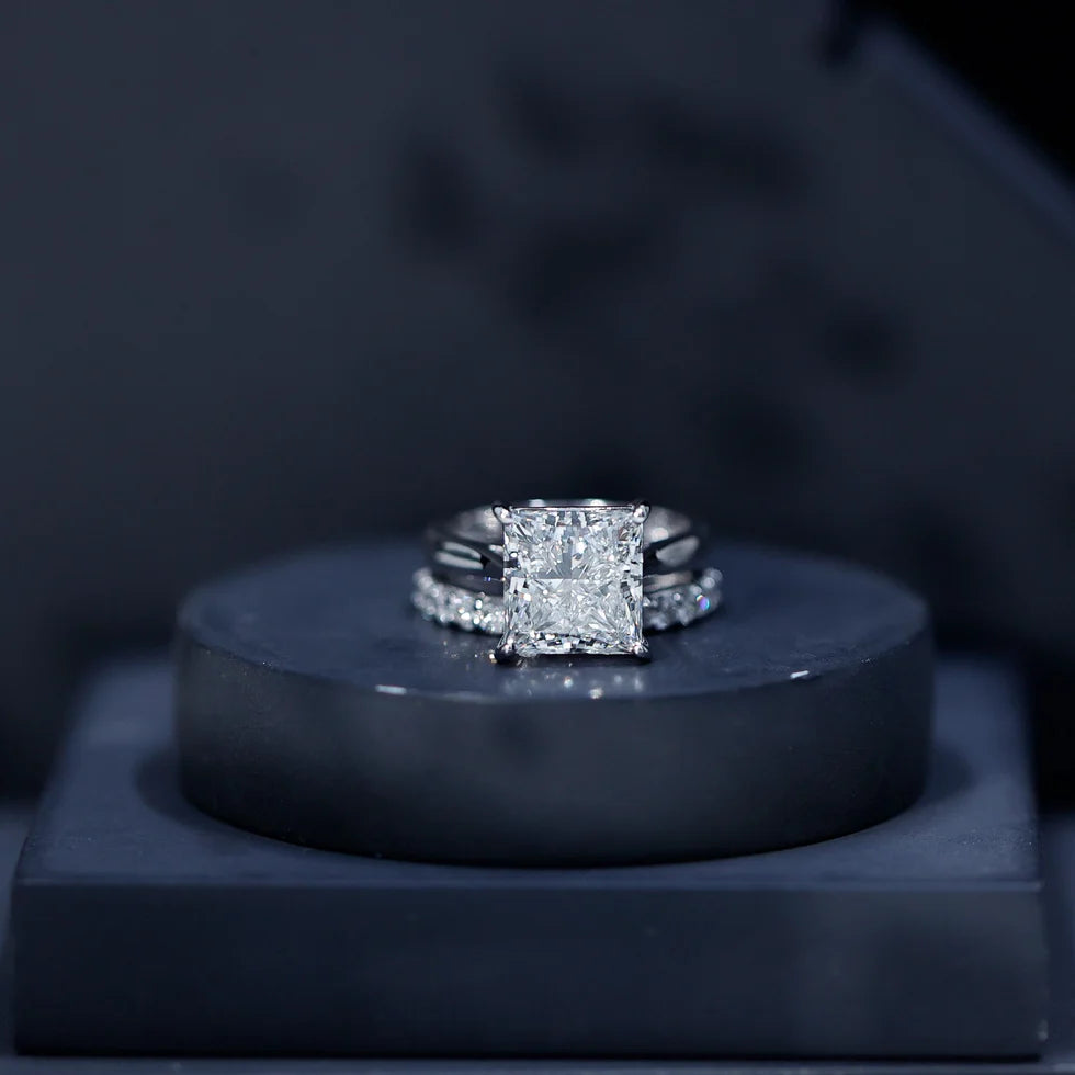 5 Carat Huge Lab Grown Diamond Princess Cut Engagement Ring Set with IGI Certificate