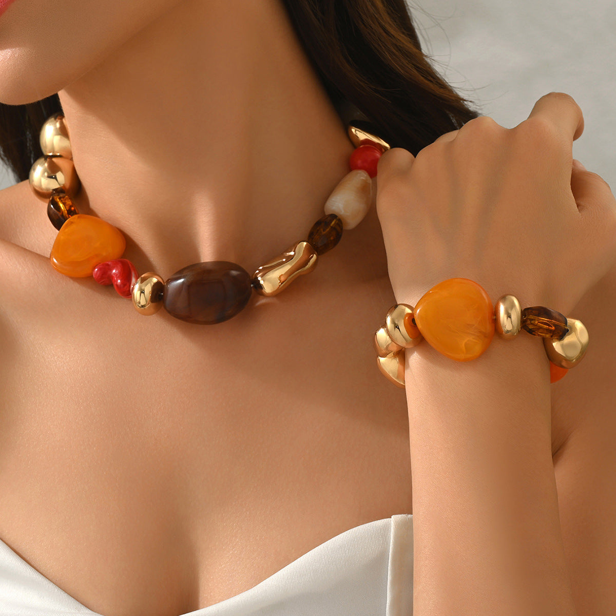 Colorful Resin Bead Necklace and Bracelet Set Collection