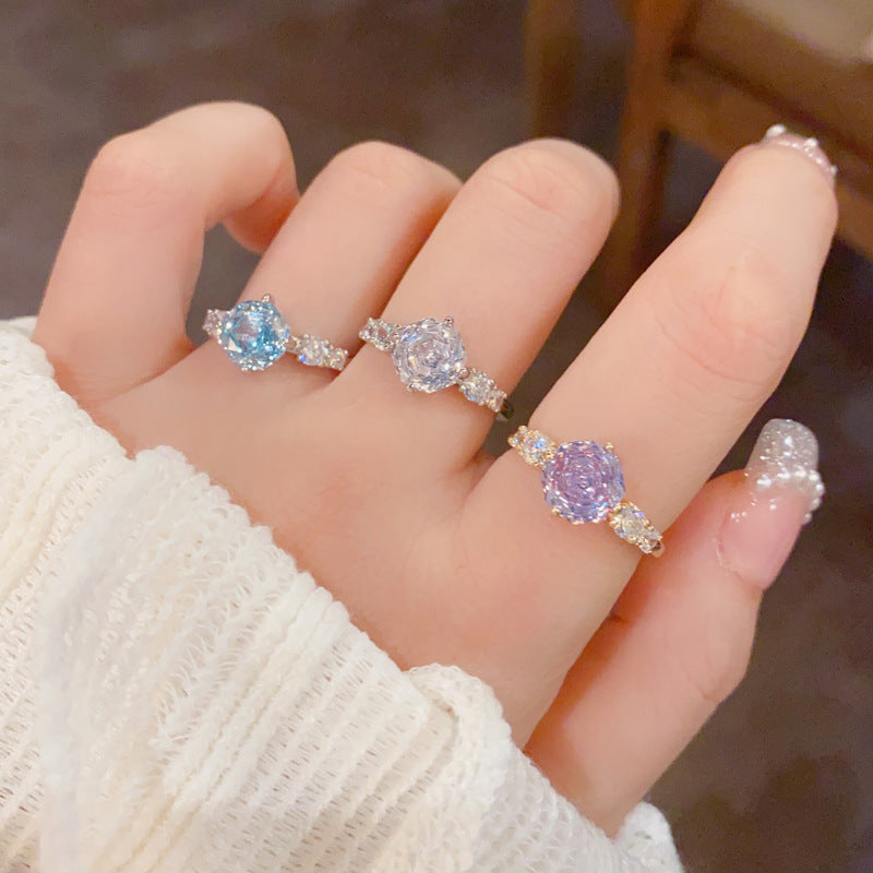 Fashionable All-Match Rose Ice-Flower Cut Cubic Zirconia Open Ring