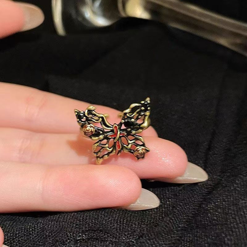 Vintage Butterfly Ring With Moonstone, Antique Gold Plated Adjustable Statement Ring For Women