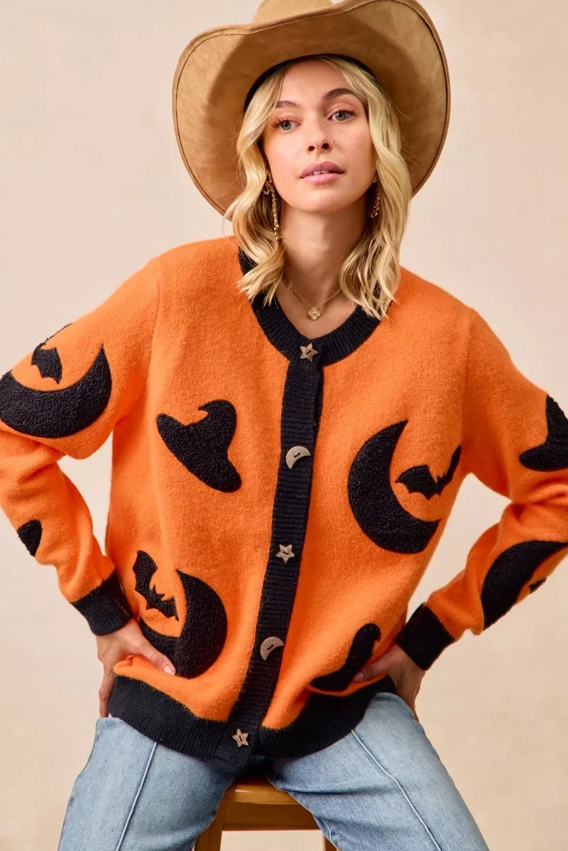 BiBi Halloween Witch Hat Moon Bat Artwork Cardigan