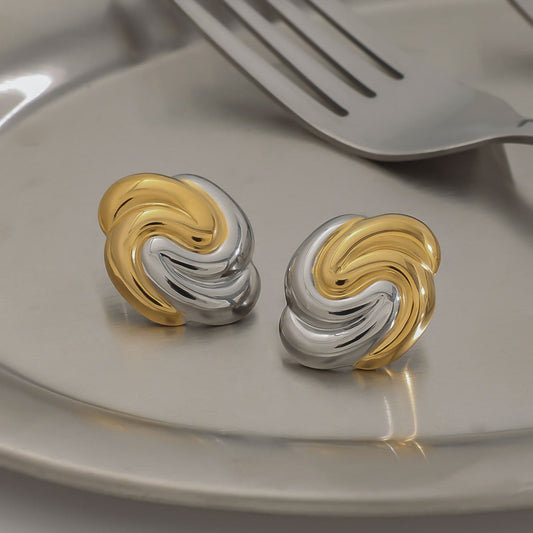 18K gold geometric shape with gold and silver color matching design trendy personality earrings
