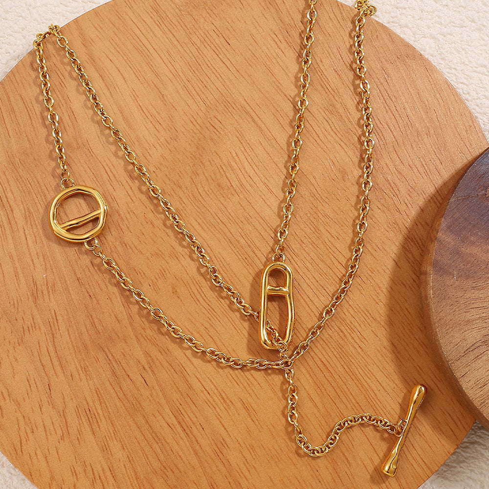 Japanese Style Minimalist Long Sweater Chain Necklace, Stainless Steel Pig Nose Pendant With OT Clasp, Fashion Simple Jewelry