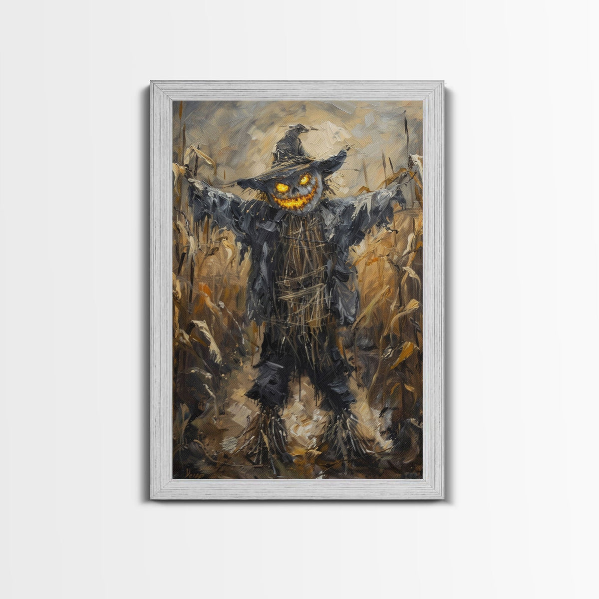 Sinister Scarecrow in Cornfield Framed Canvas Print | Halloween Horror Art | Spooky Farm Art | Creepy Scarecrow Art for Home Decoration