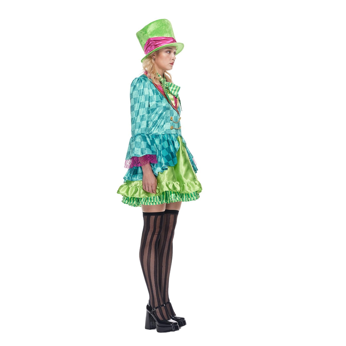 Women's Mad Hatter Costume - Green Dress with Top Hat and Bow Tie