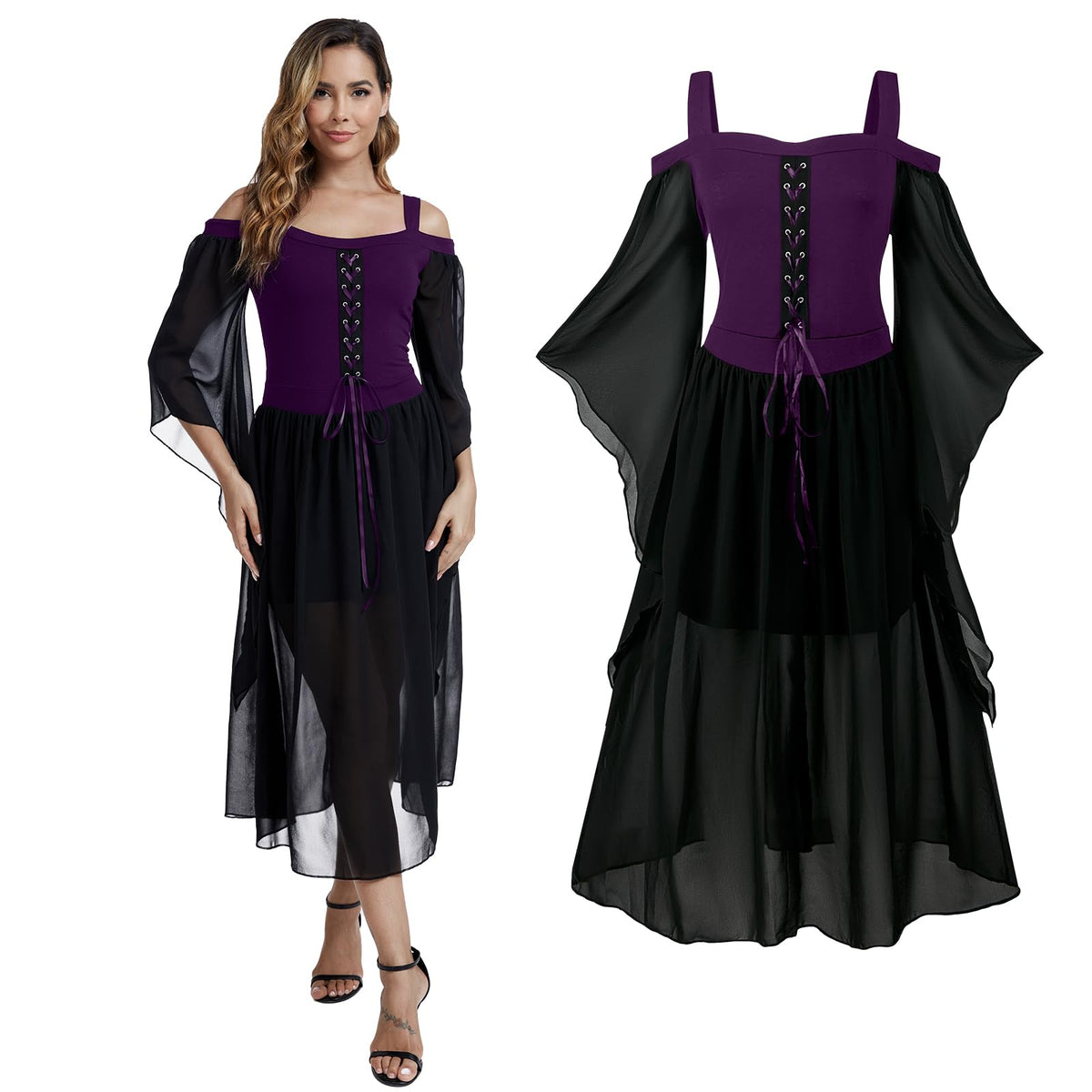 Medieval Costume Dress for Women - Renaissance Gothic Gown with Trumpet Sleeves