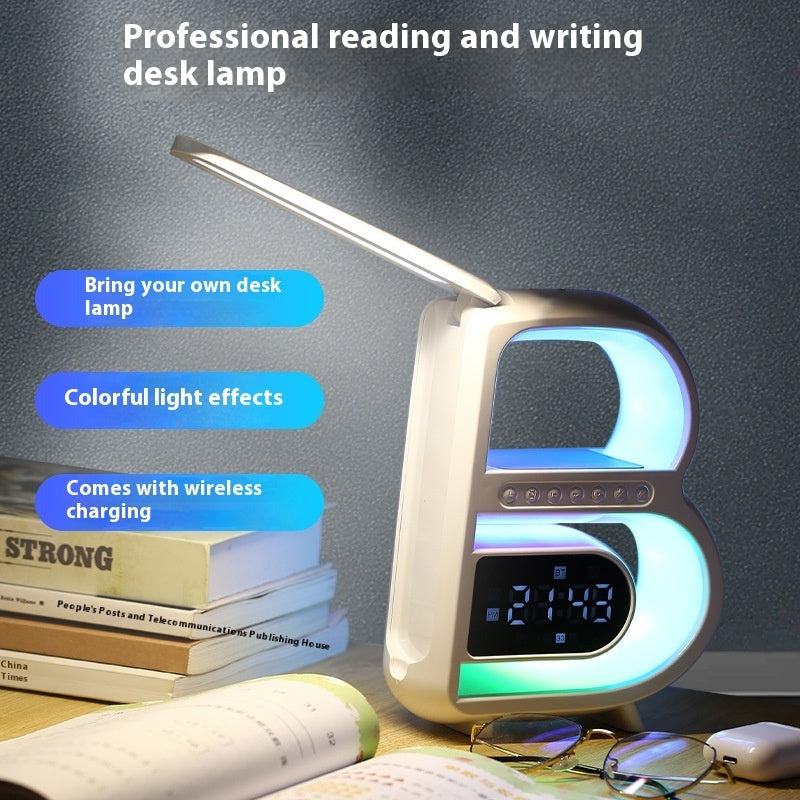 New B-Shaped Blutooth Speaker Multifunctional Smart Music Rhythm Lighting Phone Wireless Charger TF Card AUX Input Standard Mode