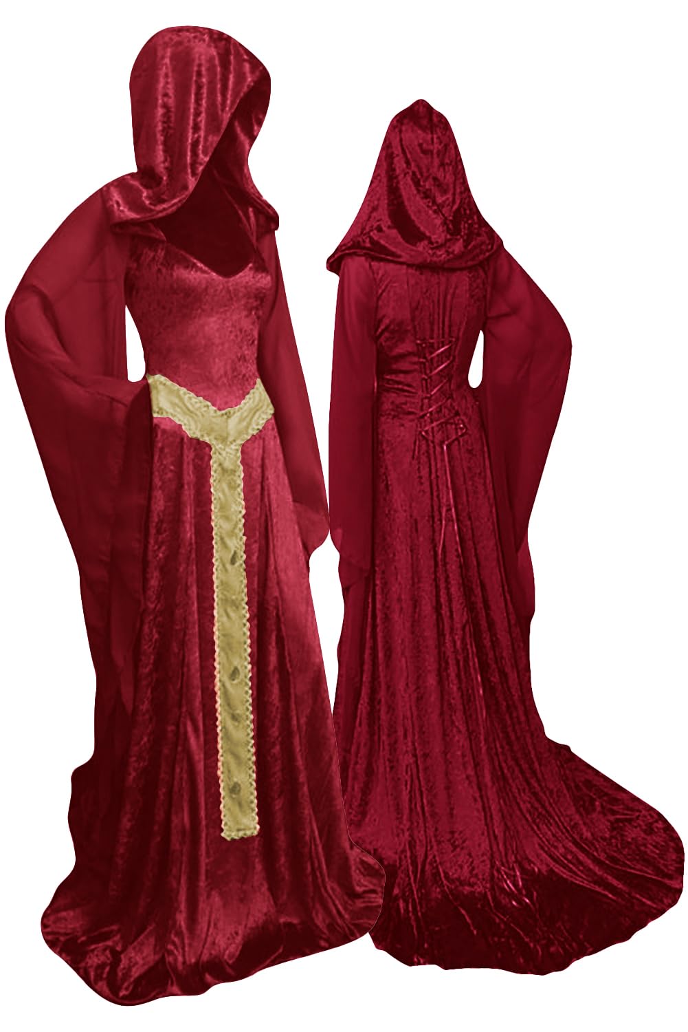 Women's Medieval Hooded Cloak - Vintage Lace-up Long Dress Costume