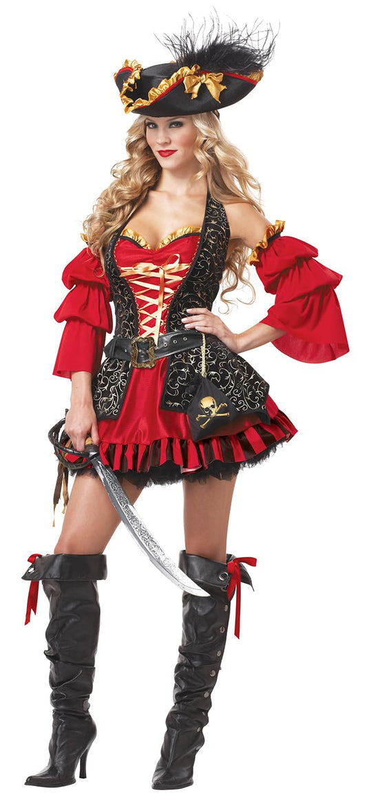 Women's Spanish Pirate Costume - Halter Dress with Corset and Accessories