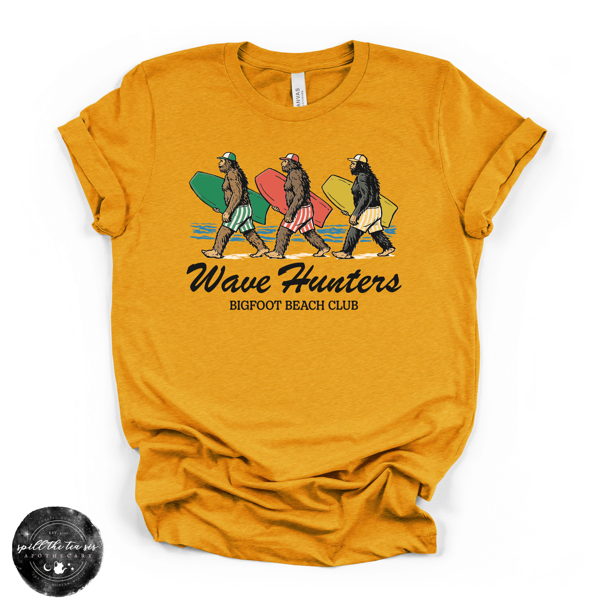 Wave Hunters: Bigfoot Beach Club Tee | Funny Surfing Sasquatch Graphic T-Shirt