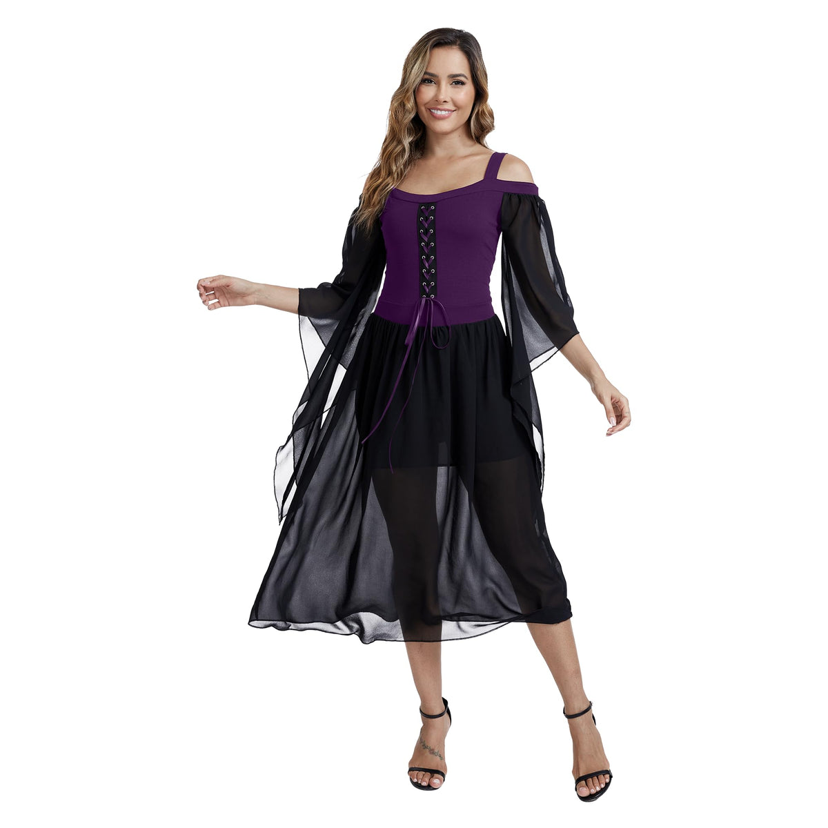 Medieval Costume Dress for Women - Renaissance Gothic Gown with Trumpet Sleeves