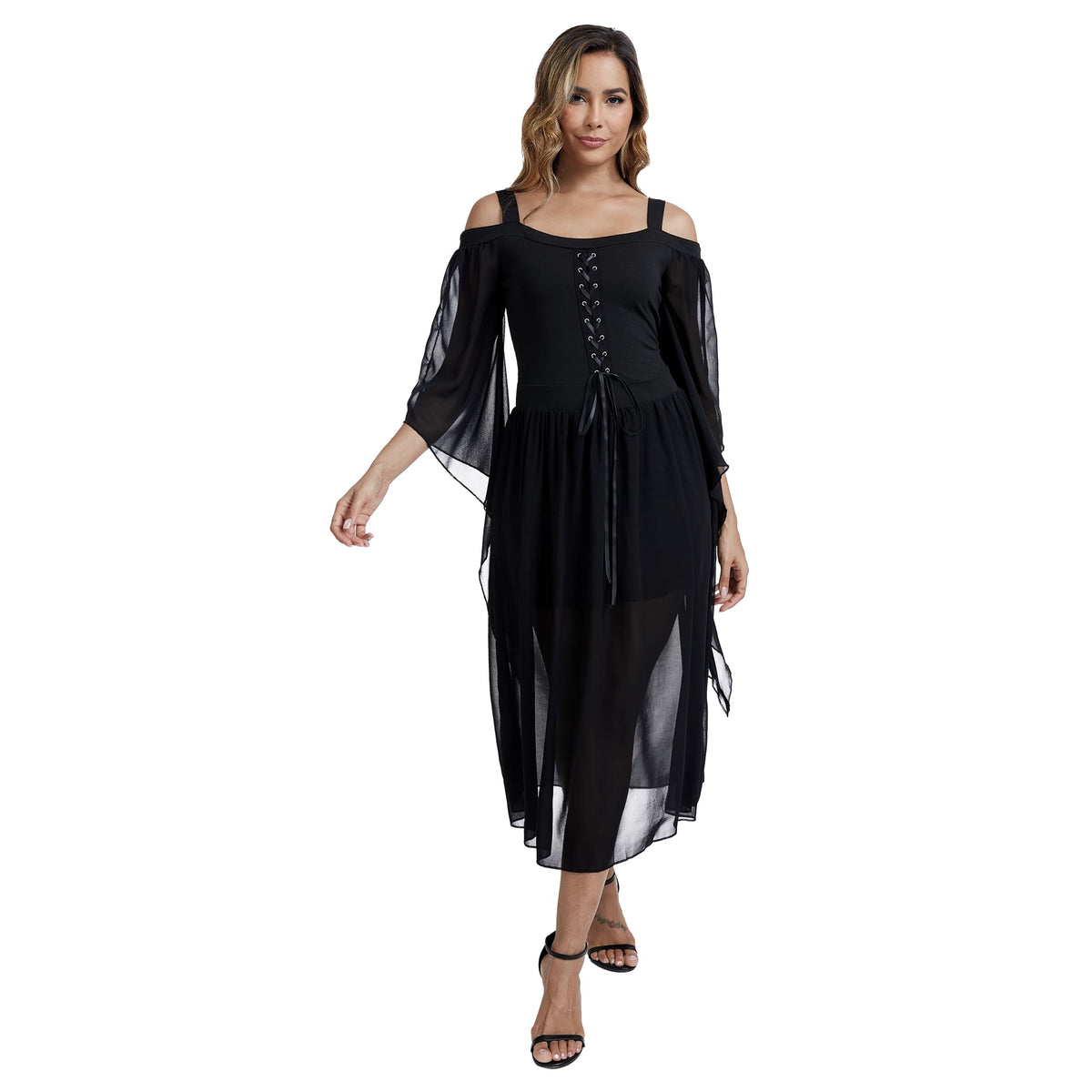 Medieval Costume Dress for Women - Renaissance Gothic Gown with Trumpet Sleeves