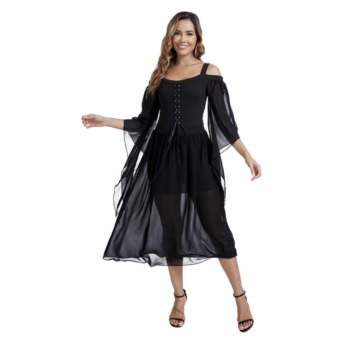 Medieval Costume Dress for Women - Renaissance Gothic Gown with Trumpet Sleeves