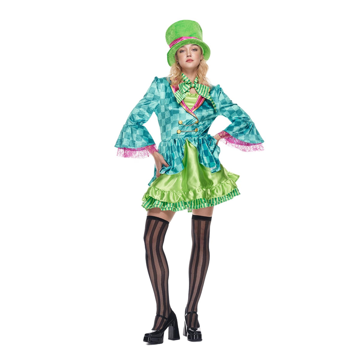 Women's Mad Hatter Costume - Green Dress with Top Hat and Bow Tie