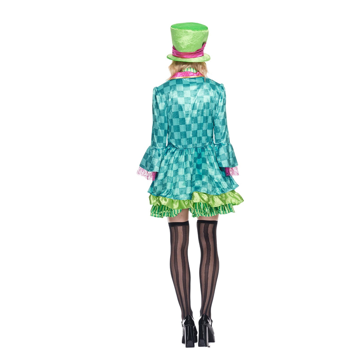 Women's Mad Hatter Costume - Green Dress with Top Hat and Bow Tie