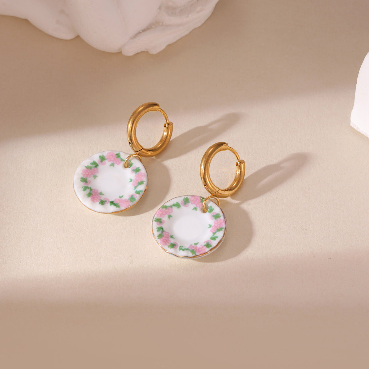 New Chinese Blue And White Porcelain Earrings, 18K Gold Plated Stainless Steel Ceramic Dainty Drop Earrings For Women
