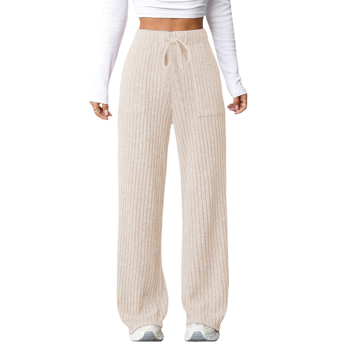 Women's Solid-Color Ribbed Pocket Casual Pants